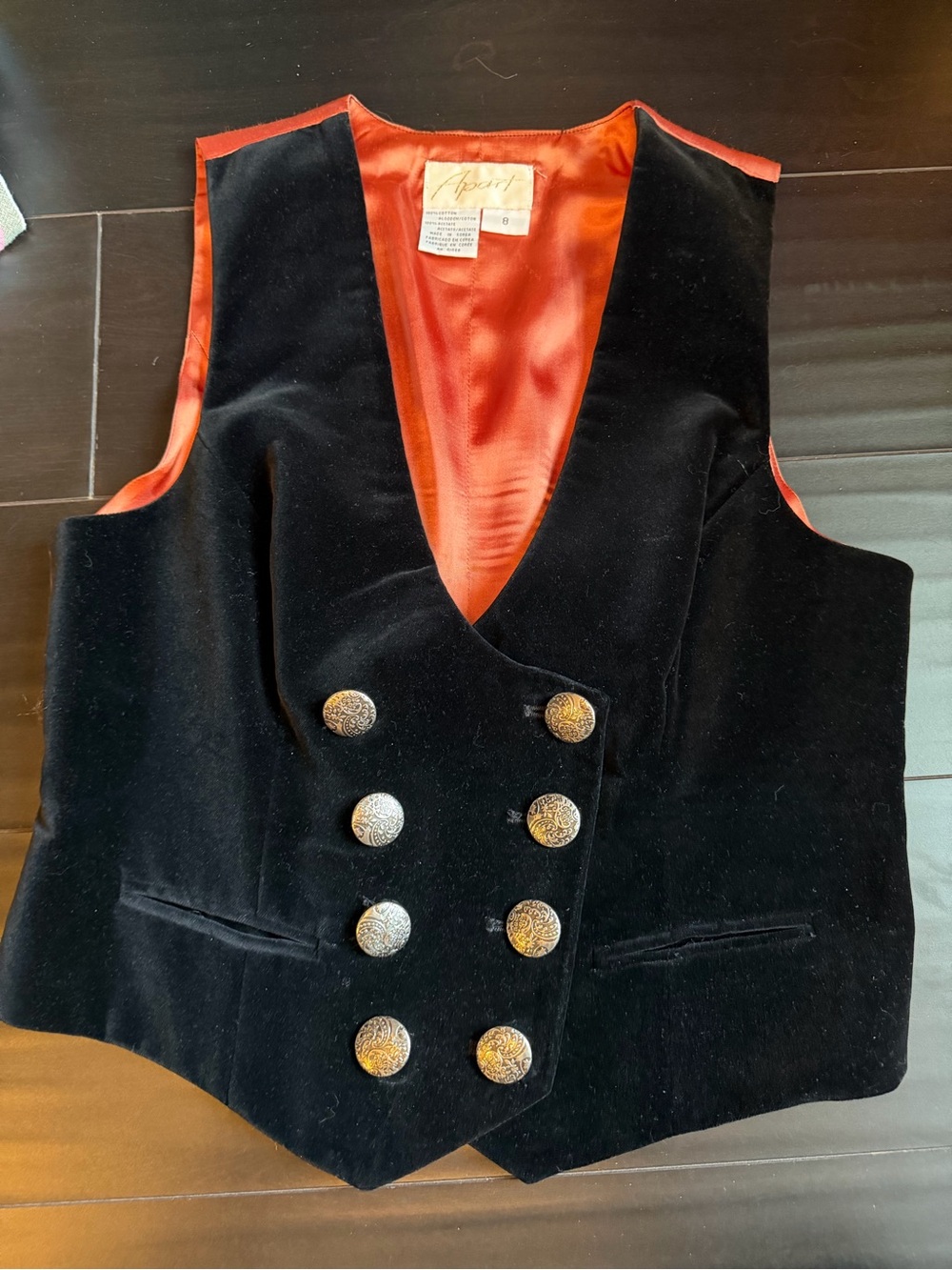 Vintage Black Velvet Double-Breasted Vest with Red Lining by Apart Euc